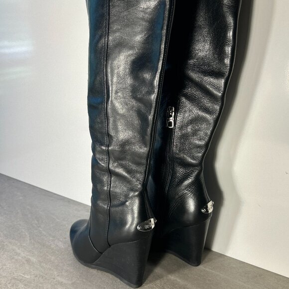 Coach SZ 7 Della Black Leather Wedge Heel Knee High Boot Closet Staple - Picture 4 of 11